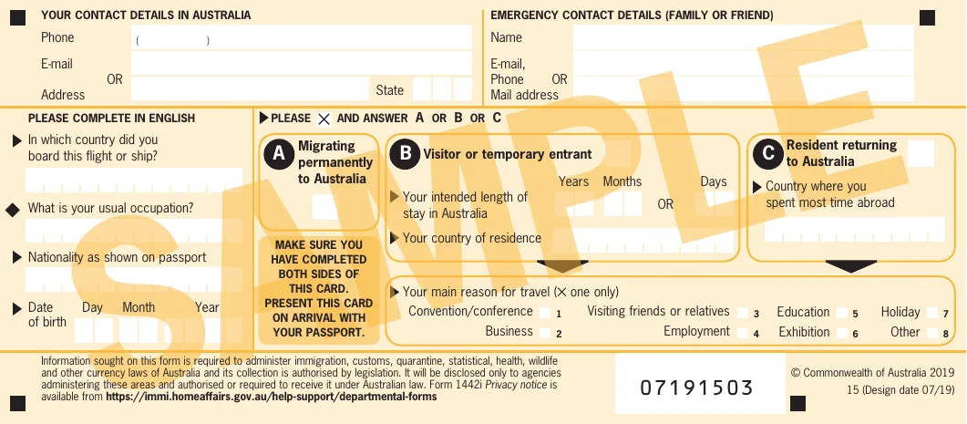Official English sample of the back of Australia’s Incoming Passenger Card