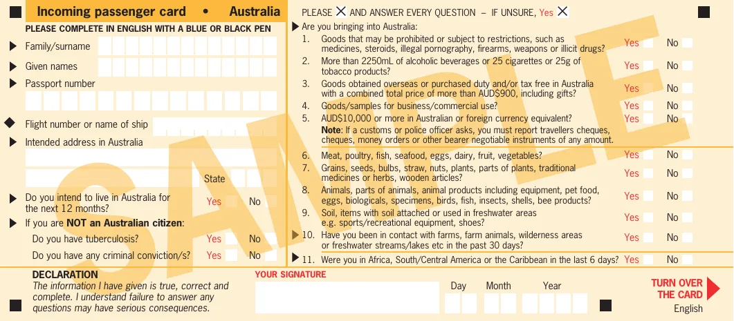 Official English sample of the front of Australia’s Incoming Passenger Card
