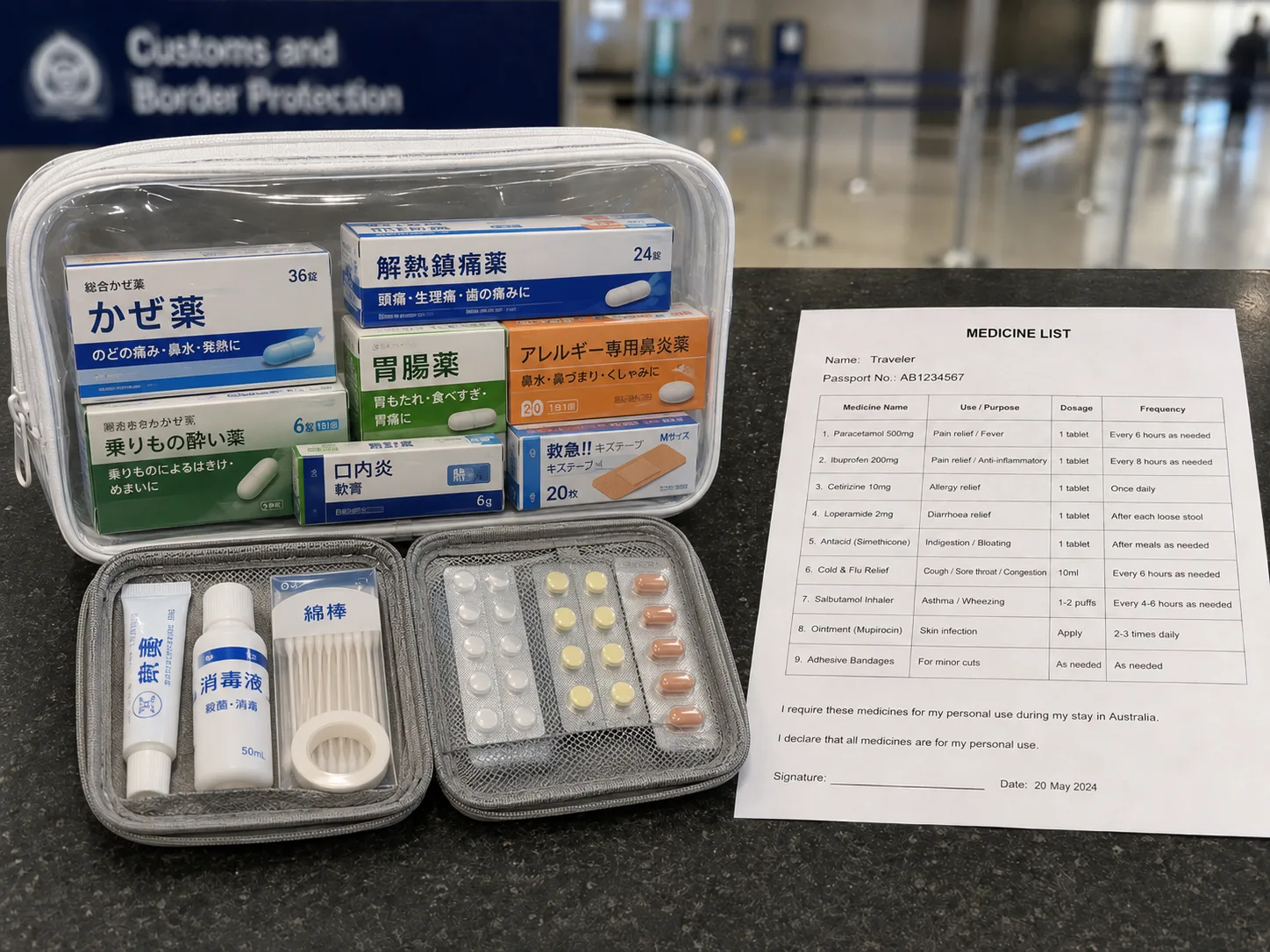 オーストラリア入国時に申告できるよう包装のまま準備した薬