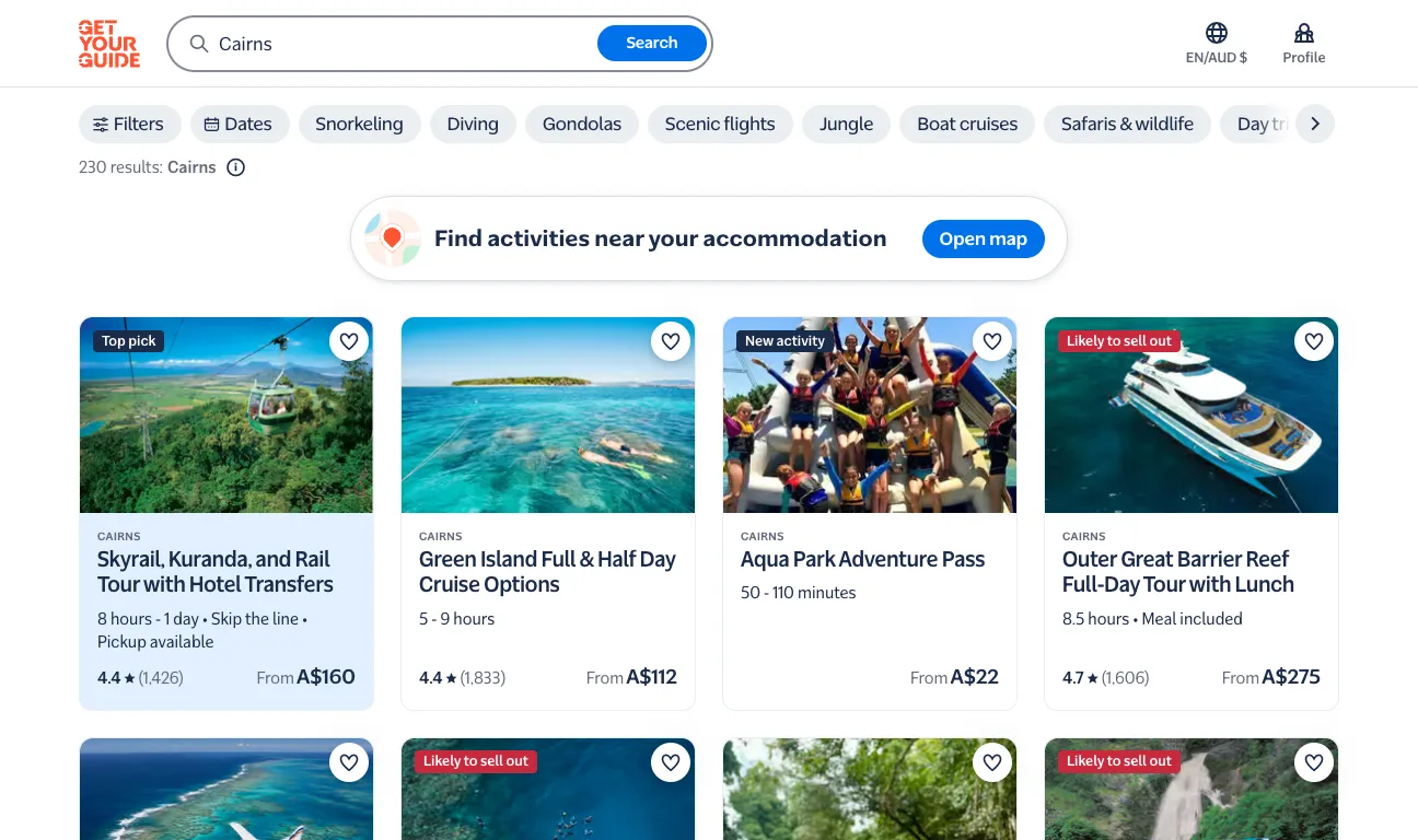 English GetYourGuide search results for Cairns tours