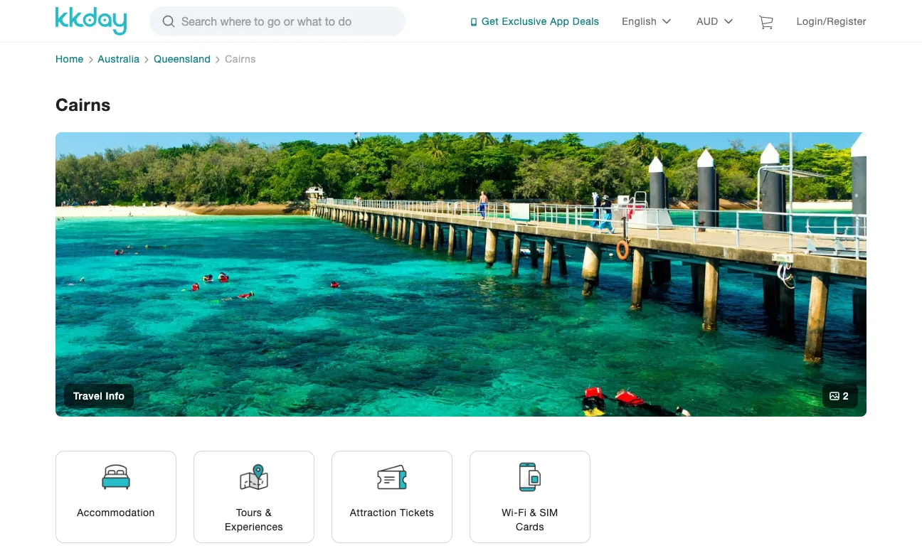 English KKday destination page for Cairns tours and tickets