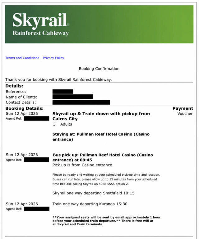 個人情報と予約番号を黒塗りにしたスカイレールのBooking Confirmation