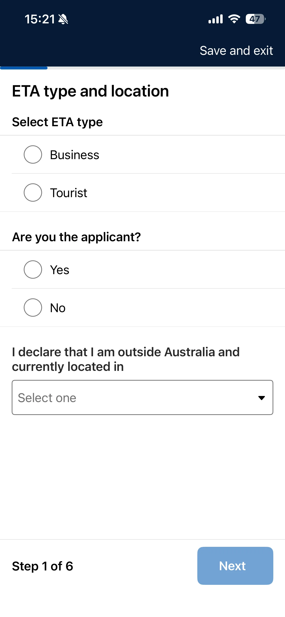 AustralianETAアプリの質問回答画面