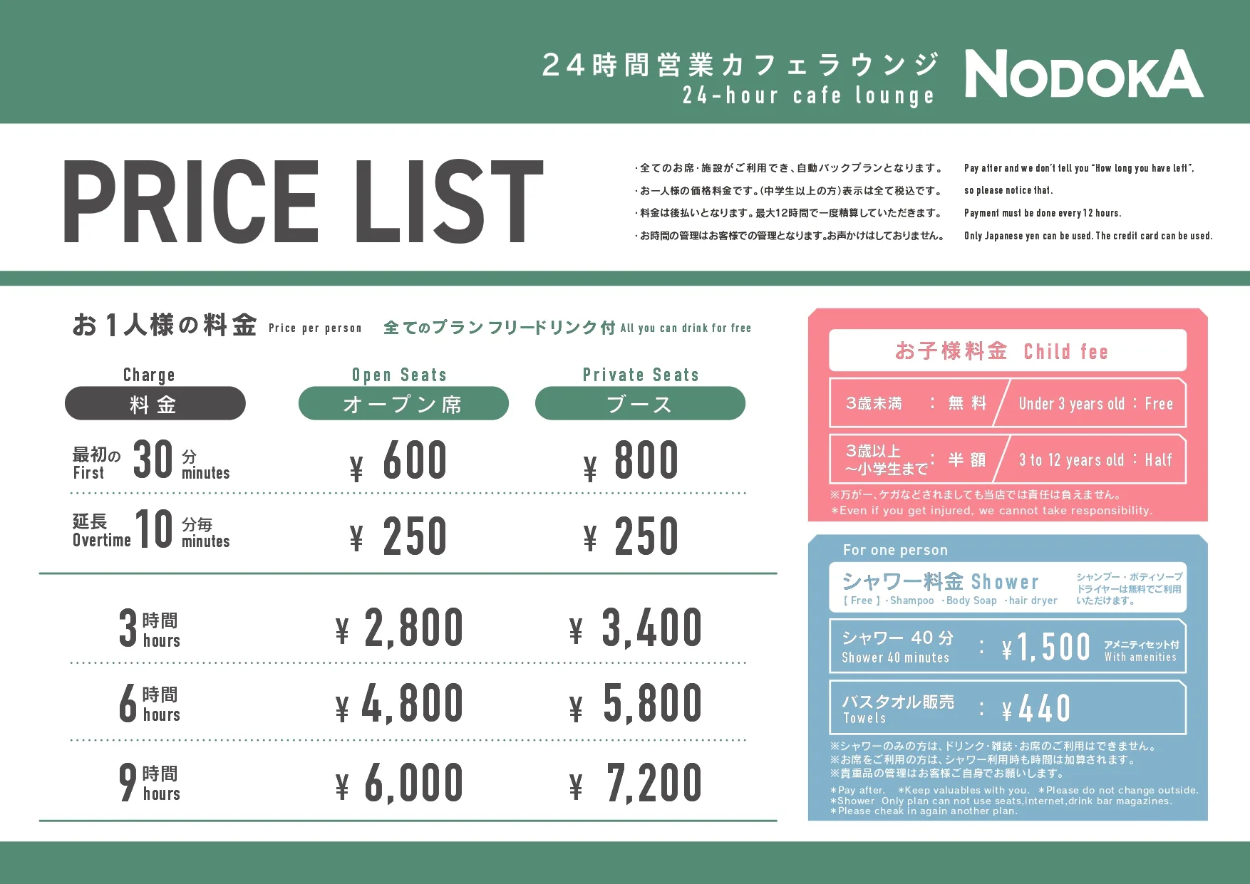 KIXエアポート カフェラウンジNODOKAの通常利用料金表