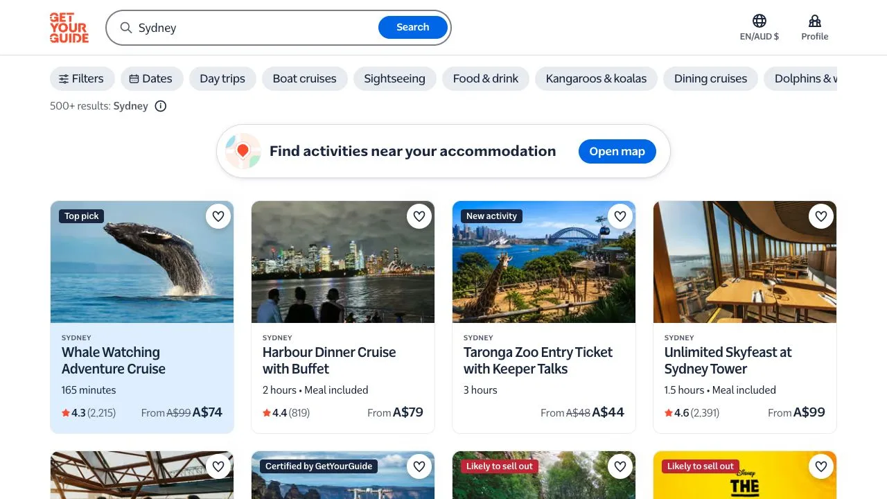 English GetYourGuide search results for Sydney activities