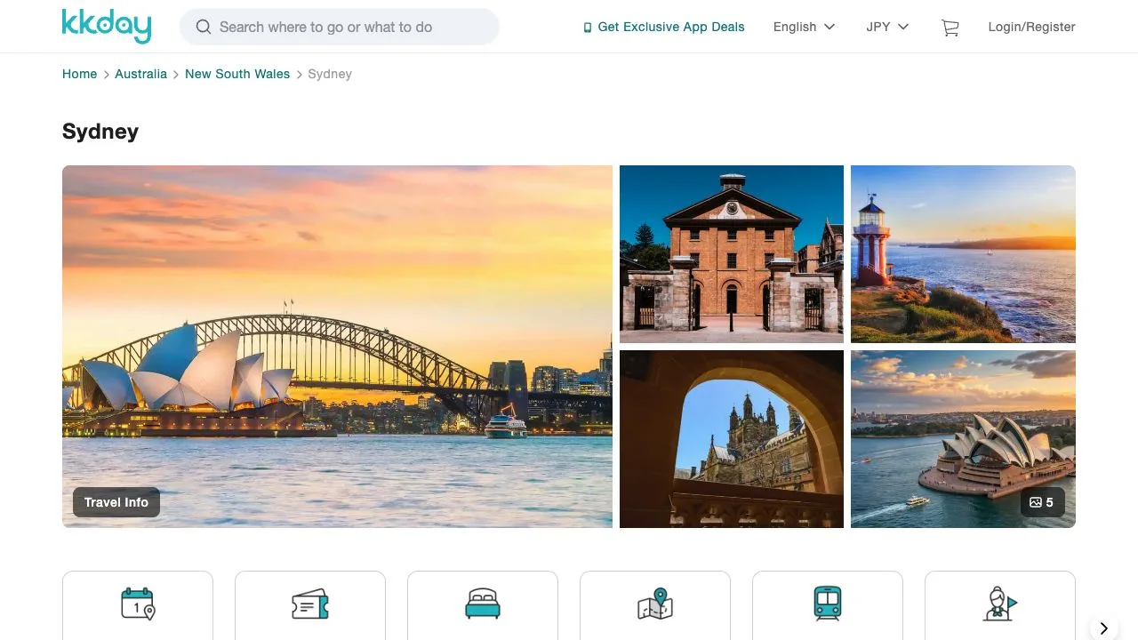 English KKday Sydney destination page showing activity categories