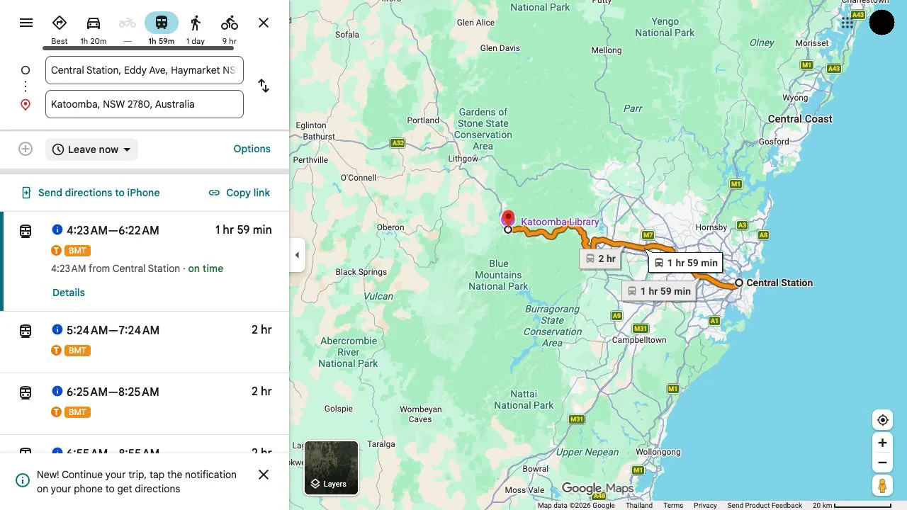 English Google Maps transit overview from Sydney Central Station to Katoomba