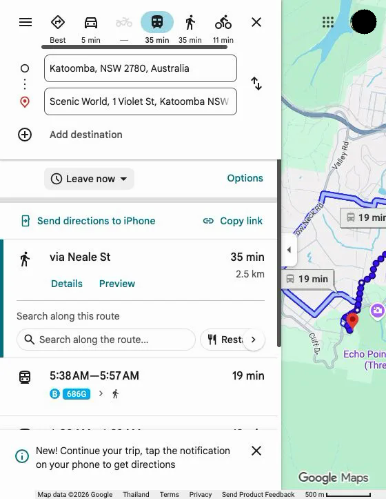 English Google Maps view of Route 686 from Katoomba towards Scenic World via the Echo Point area